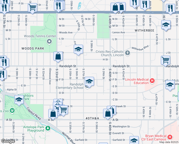 map of restaurants, bars, coffee shops, grocery stores, and more near 3725 Randolph Street in Lincoln