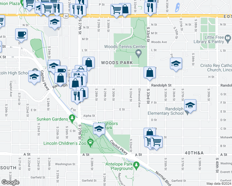 map of restaurants, bars, coffee shops, grocery stores, and more near 740 South 30th Street in Lincoln
