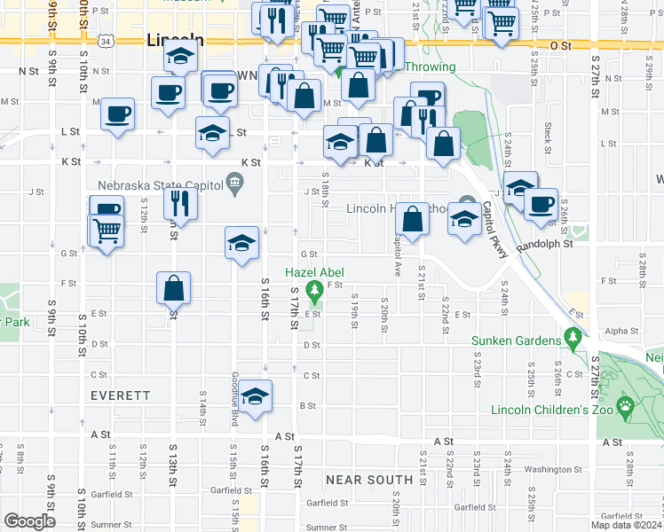 map of restaurants, bars, coffee shops, grocery stores, and more near 1834 G Street in Lincoln