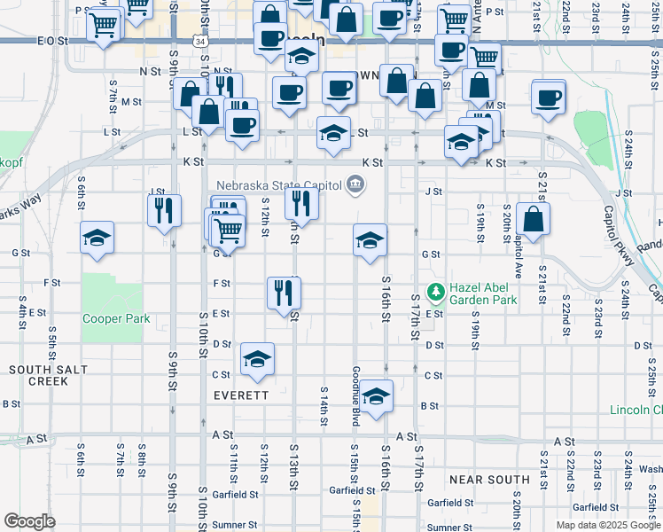 map of restaurants, bars, coffee shops, grocery stores, and more near 1423a G Street in Lincoln