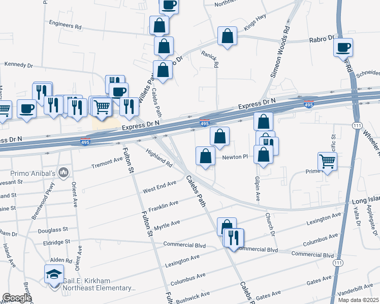 map of restaurants, bars, coffee shops, grocery stores, and more near 1740 Express Drive South in Hauppauge