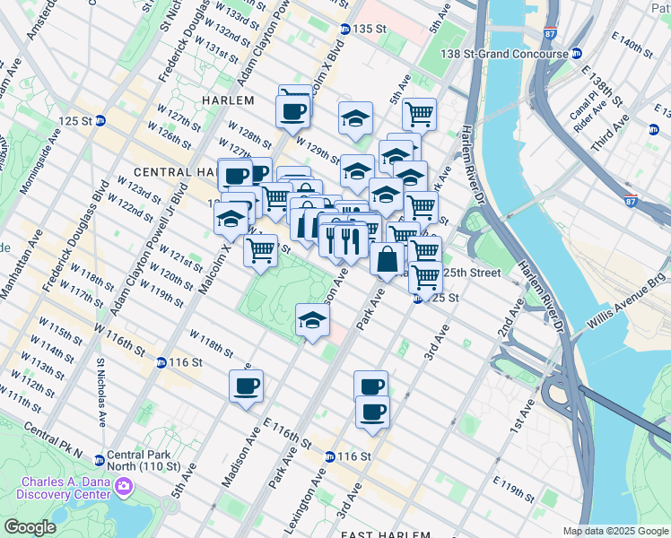 map of restaurants, bars, coffee shops, grocery stores, and more near 23 East 124th Street in New York