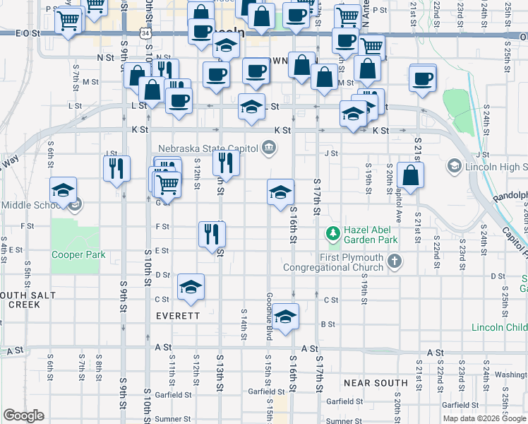 map of restaurants, bars, coffee shops, grocery stores, and more near 821 Goodhue Boulevard in Lincoln