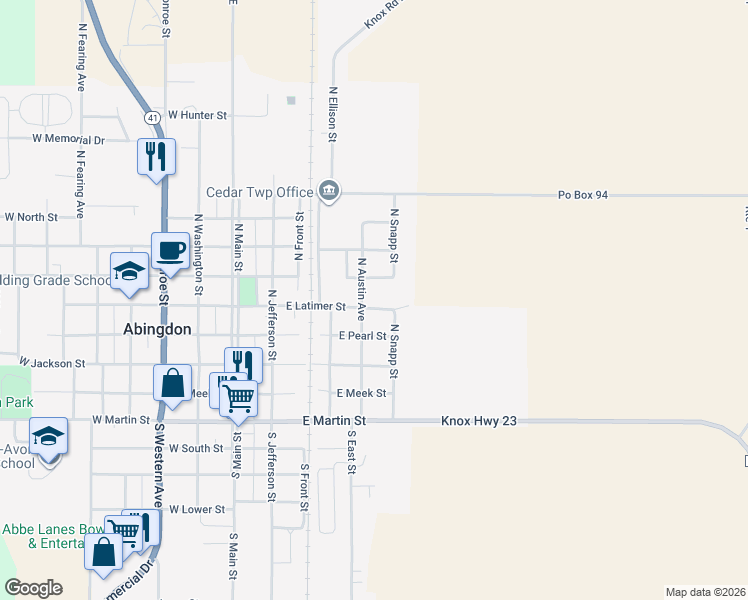 map of restaurants, bars, coffee shops, grocery stores, and more near 401-499 North Austin Street in Abingdon