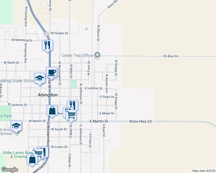 map of restaurants, bars, coffee shops, grocery stores, and more near 401 North Austin Avenue in Abingdon