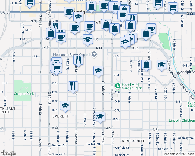 map of restaurants, bars, coffee shops, grocery stores, and more near 820 Goodhue Boulevard in Lincoln