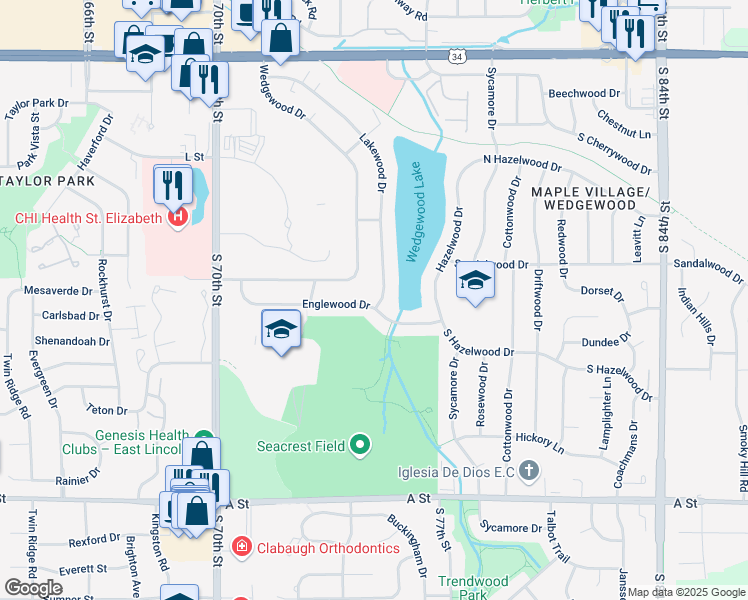 map of restaurants, bars, coffee shops, grocery stores, and more near 741 Lakewood Drive in Lincoln