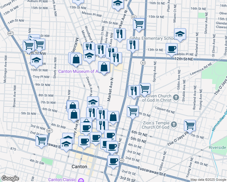 map of restaurants, bars, coffee shops, grocery stores, and more near 1000 Market Avenue North in Canton