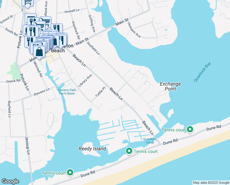 map of restaurants, bars, coffee shops, grocery stores, and more near 93 Beach Lane in Westhampton Beach