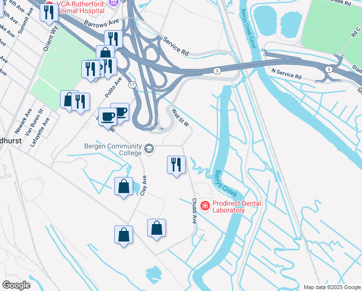 map of restaurants, bars, coffee shops, grocery stores, and more near 1290 Wall Street West in Lyndhurst