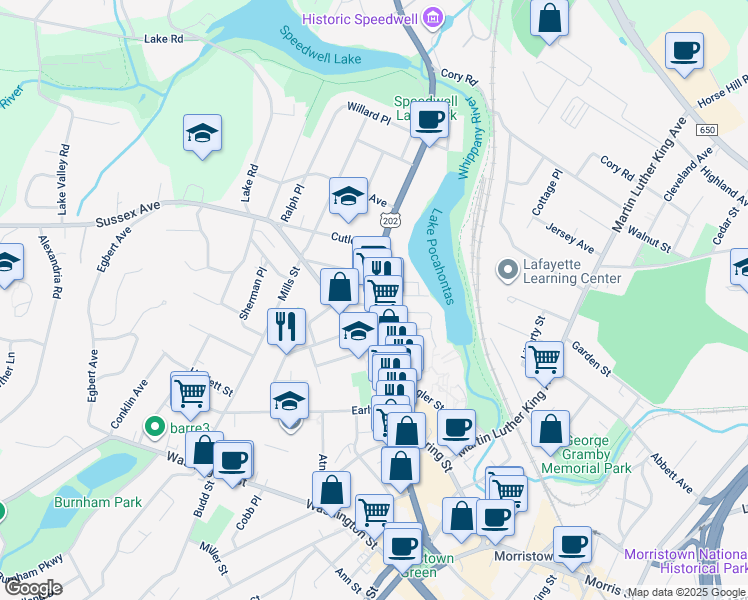 map of restaurants, bars, coffee shops, grocery stores, and more near 186 Speedwell Avenue in Morristown
