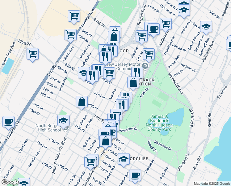 map of restaurants, bars, coffee shops, grocery stores, and more near 801 85th Street in North Bergen
