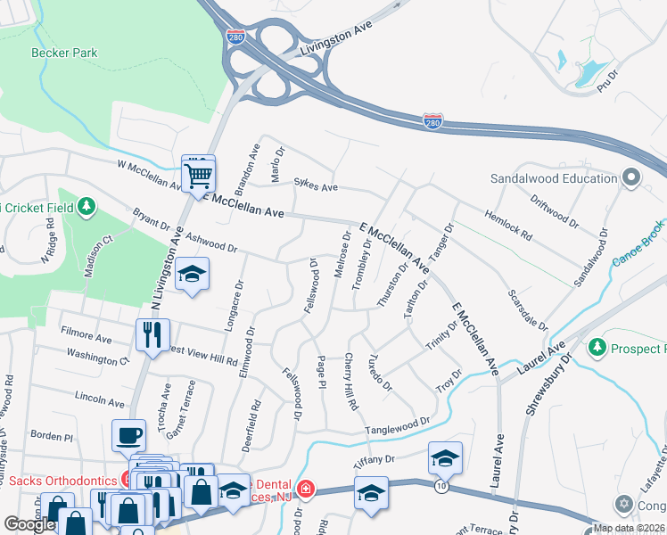 map of restaurants, bars, coffee shops, grocery stores, and more near 56 Melrose Drive in Livingston