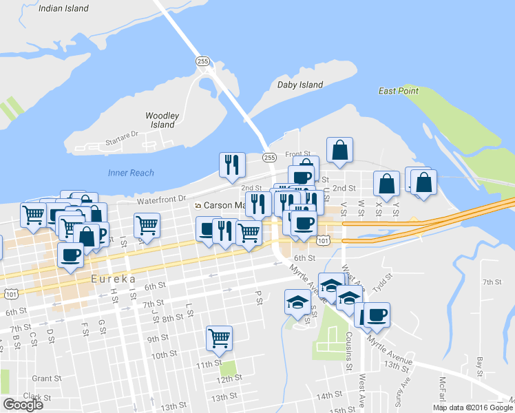 map of restaurants, bars, coffee shops, grocery stores, and more near 214 Q Street in Eureka