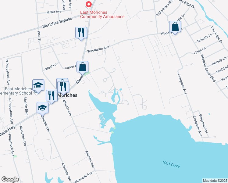 map of restaurants, bars, coffee shops, grocery stores, and more near 25 Pameeches Path in East Moriches