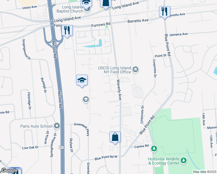 map of restaurants, bars, coffee shops, grocery stores, and more near 75 Storm Drive in Holtsville