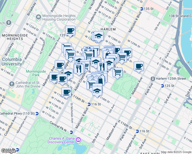 map of restaurants, bars, coffee shops, grocery stores, and more near 147 West 121st Street in New York