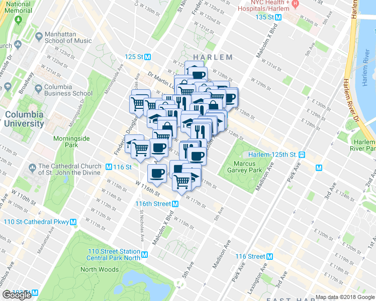 map of restaurants, bars, coffee shops, grocery stores, and more near 147 West 121st Street in New York