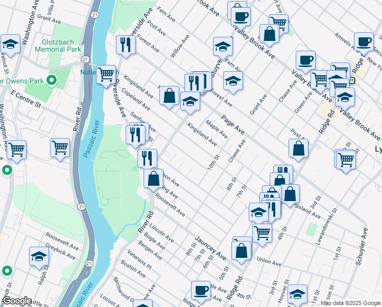 map of restaurants, bars, coffee shops, grocery stores, and more near 321 Sanford Avenue in Lyndhurst