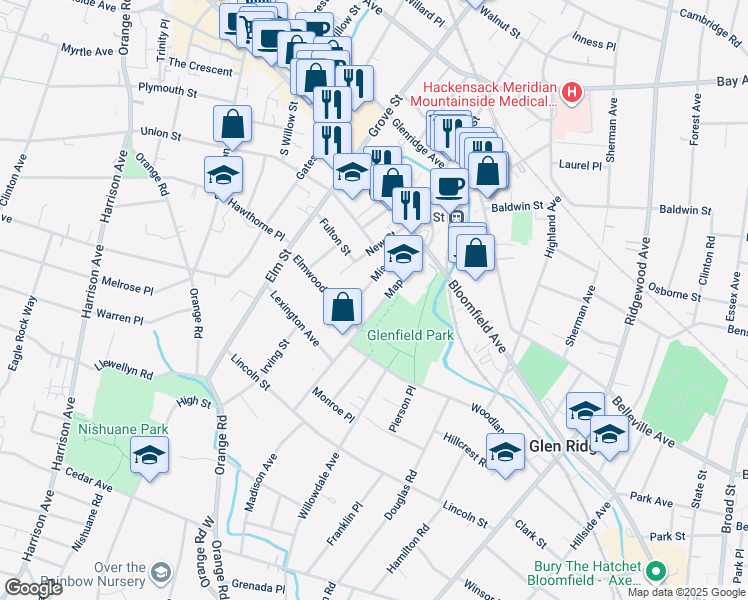 map of restaurants, bars, coffee shops, grocery stores, and more near 69 Mission Street in Montclair