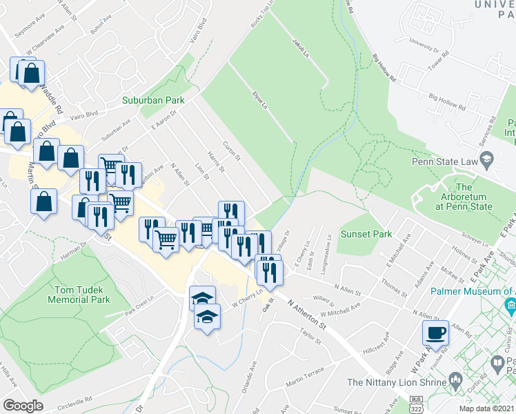 map of restaurants, bars, coffee shops, grocery stores, and more near 1312 Curtin Street in State College
