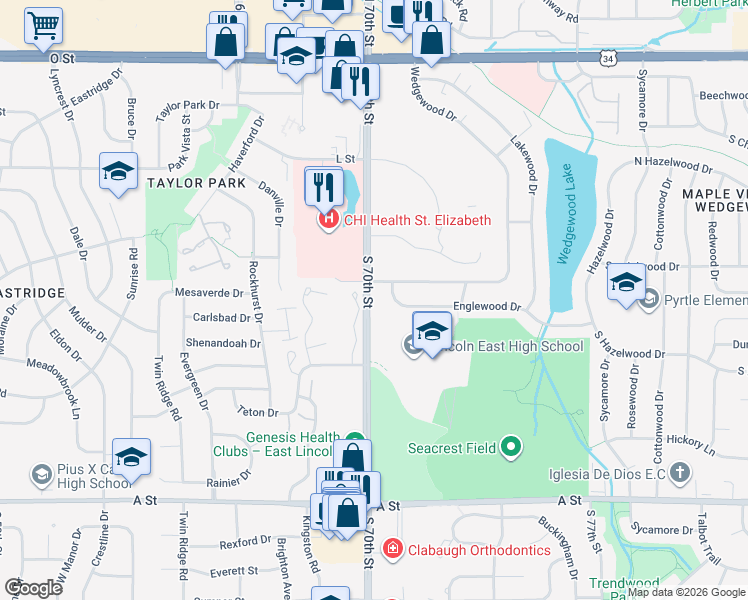map of restaurants, bars, coffee shops, grocery stores, and more near 514 Roanoke Court in Lincoln