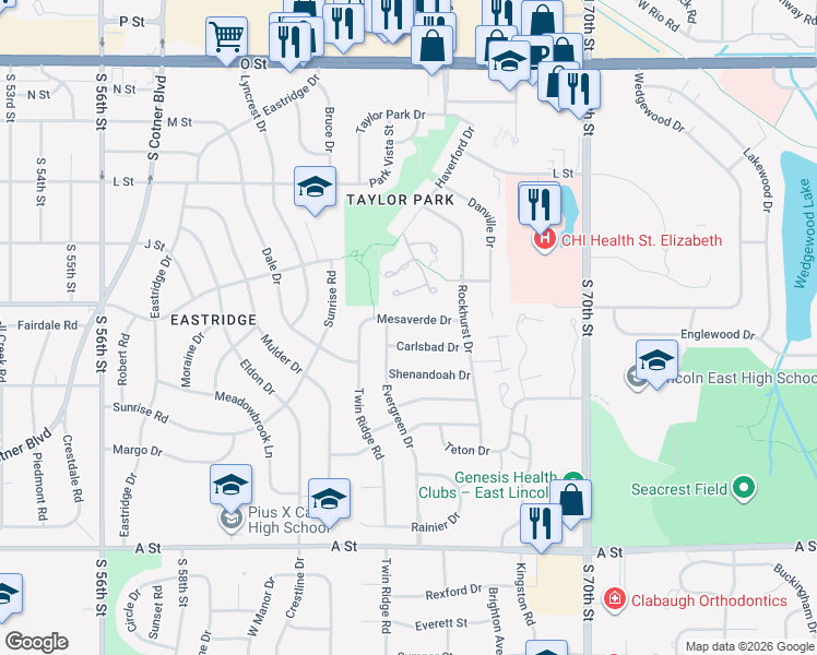 map of restaurants, bars, coffee shops, grocery stores, and more near 6500 Mesaverde Drive in Lincoln