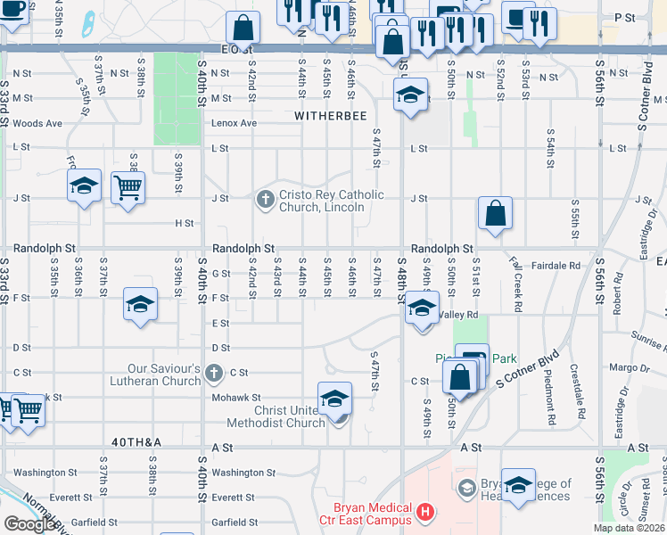 map of restaurants, bars, coffee shops, grocery stores, and more near 4501 Randolph Street in Lincoln