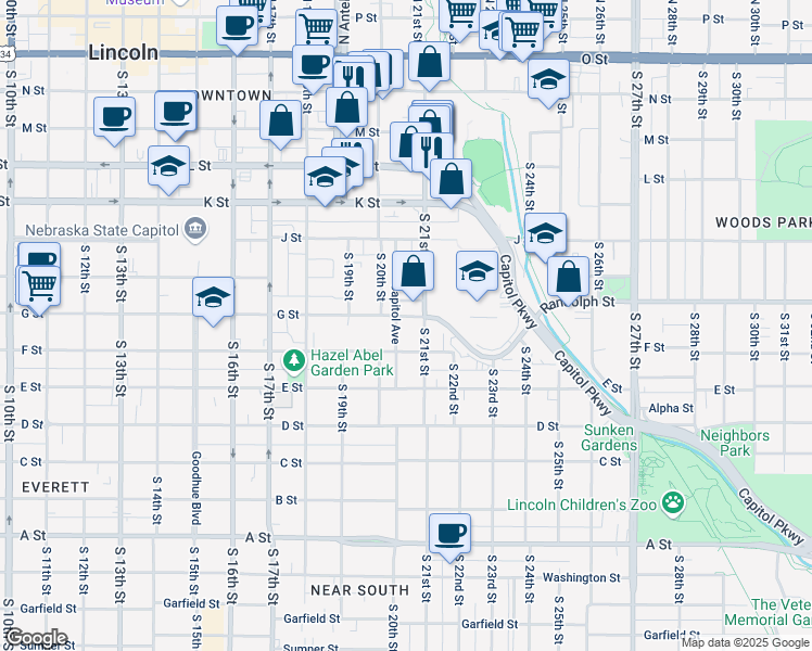 map of restaurants, bars, coffee shops, grocery stores, and more near 2020 G Street in Lincoln