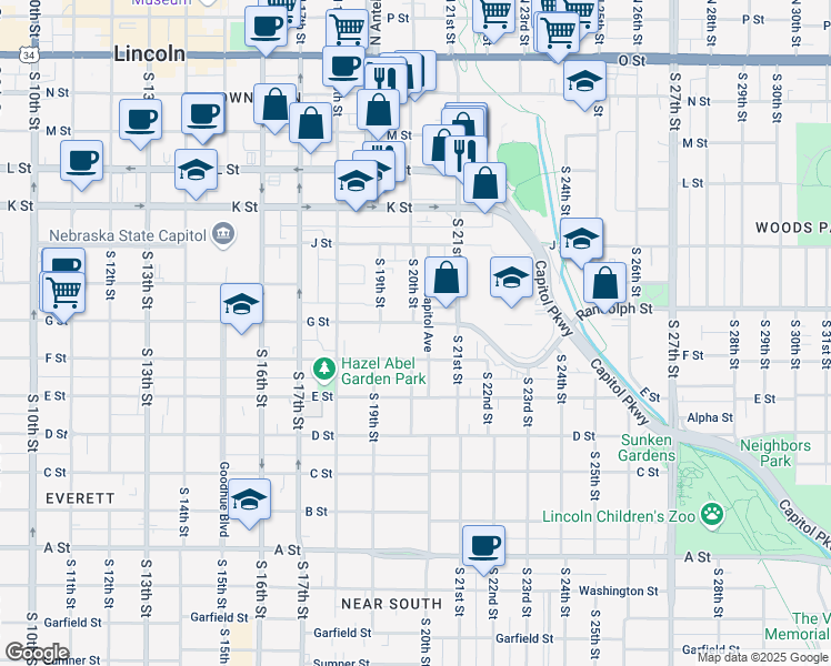 map of restaurants, bars, coffee shops, grocery stores, and more near 1930 G Street in Lincoln