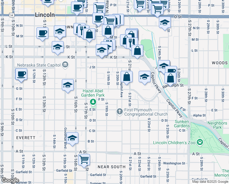 map of restaurants, bars, coffee shops, grocery stores, and more near 1930 G Street in Lincoln