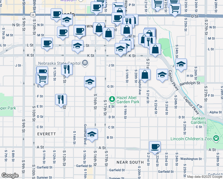 map of restaurants, bars, coffee shops, grocery stores, and more near 1730 G Street in Lincoln