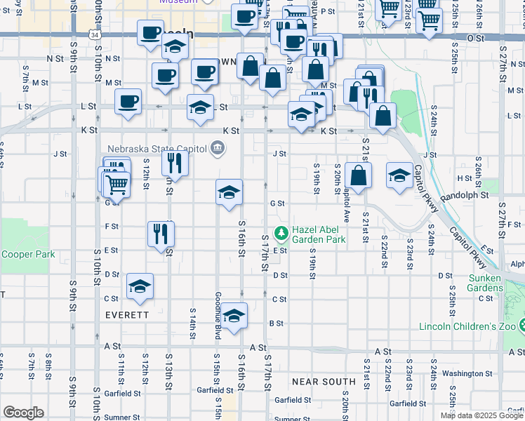 map of restaurants, bars, coffee shops, grocery stores, and more near 1637 G Street in Lincoln
