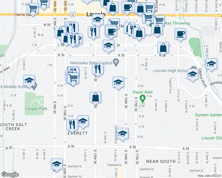 map of restaurants, bars, coffee shops, grocery stores, and more near 1423a G Street in Lincoln
