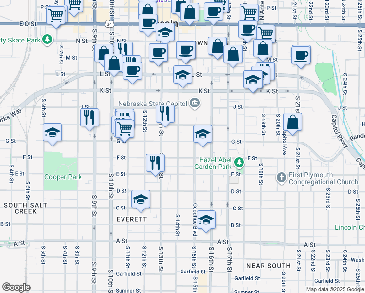 map of restaurants, bars, coffee shops, grocery stores, and more near 1423a G Street in Lincoln