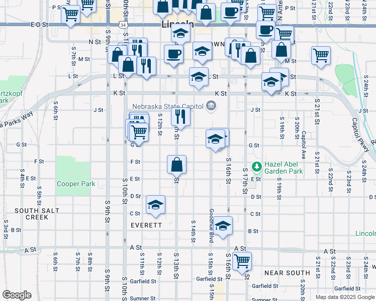 map of restaurants, bars, coffee shops, grocery stores, and more near 1300 G Street in Lincoln