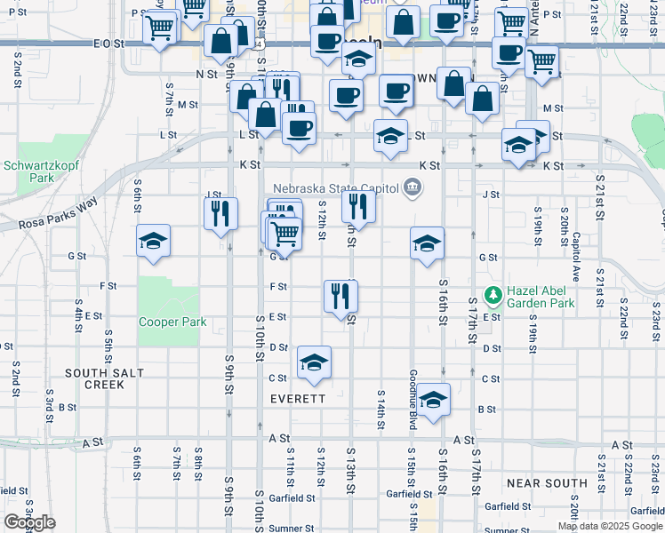 map of restaurants, bars, coffee shops, grocery stores, and more near in Lincoln