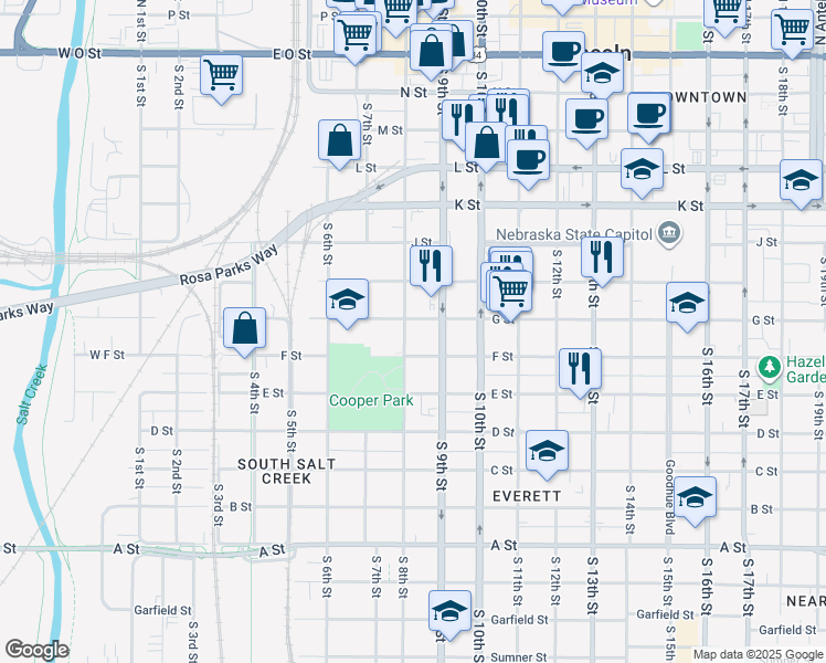 map of restaurants, bars, coffee shops, grocery stores, and more near 808 G Street in Lincoln
