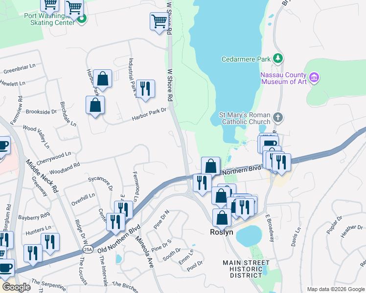 map of restaurants, bars, coffee shops, grocery stores, and more near W Shore Rd & John Bean Ct in Flower Hill