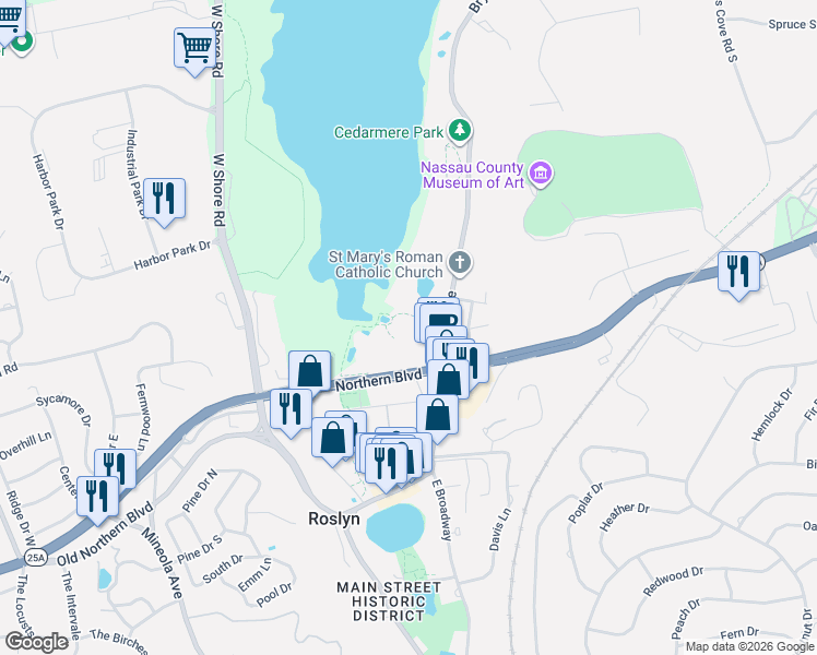 map of restaurants, bars, coffee shops, grocery stores, and more near 61 Bryant Avenue in Roslyn