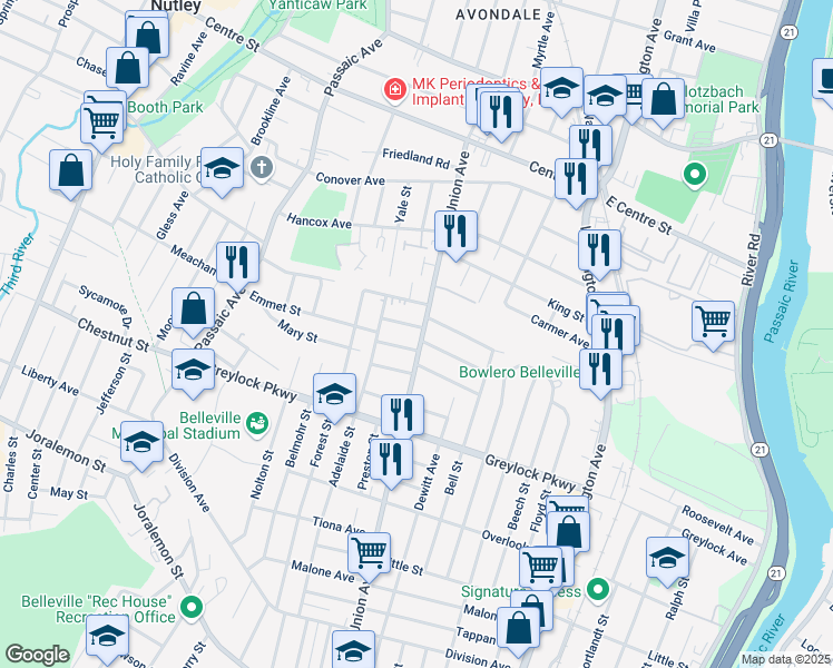 map of restaurants, bars, coffee shops, grocery stores, and more near 160 White Oak Terrace in Belleville