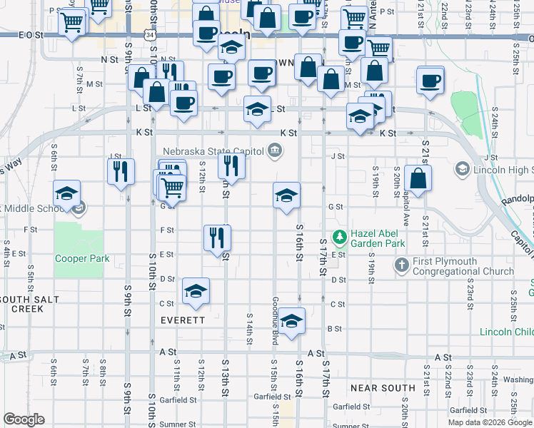map of restaurants, bars, coffee shops, grocery stores, and more near 1423a G Street in Lincoln