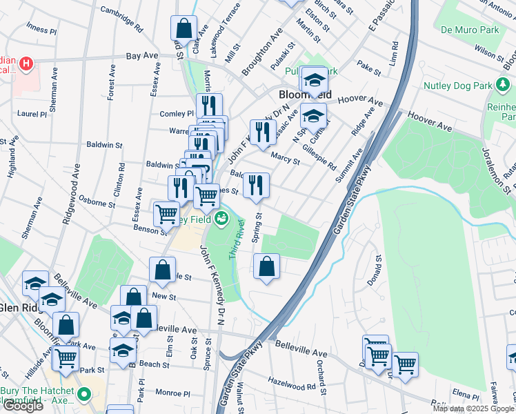 map of restaurants, bars, coffee shops, grocery stores, and more near 27 James Street in Bloomfield