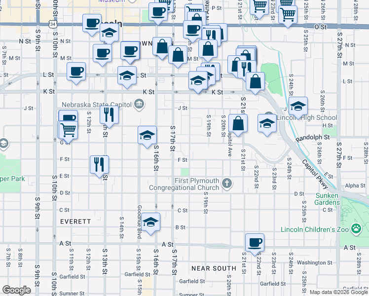 map of restaurants, bars, coffee shops, grocery stores, and more near 1739 G Street in Lincoln