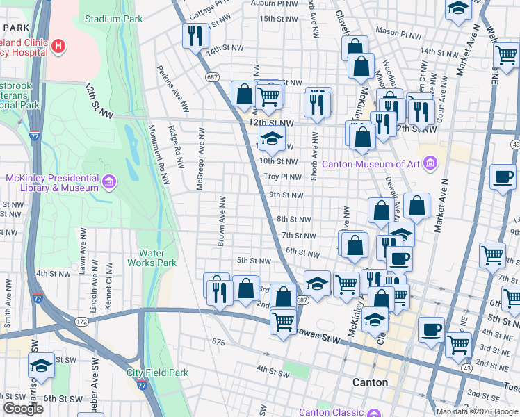 map of restaurants, bars, coffee shops, grocery stores, and more near 835 Fulton Road Northwest in Canton