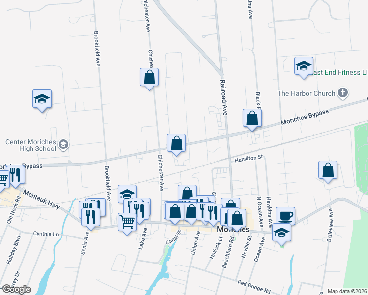 map of restaurants, bars, coffee shops, grocery stores, and more near 9 Saunders Avenue in Center Moriches