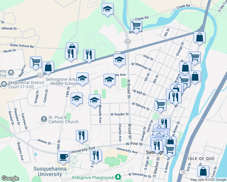 map of restaurants, bars, coffee shops, grocery stores, and more near 500 North Broad Street in Selinsgrove