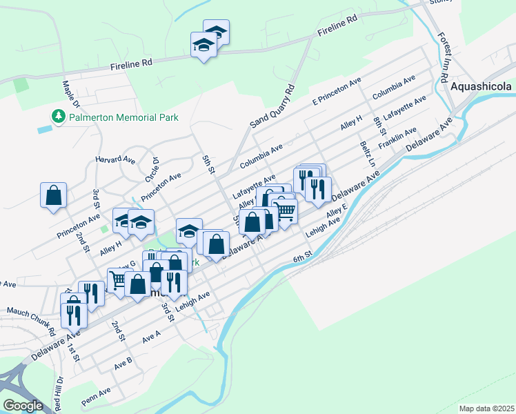 map of restaurants, bars, coffee shops, grocery stores, and more near 539 Franklin Avenue in Palmerton