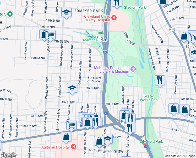 map of restaurants, bars, coffee shops, grocery stores, and more near 2236 8th Street Northwest in Canton