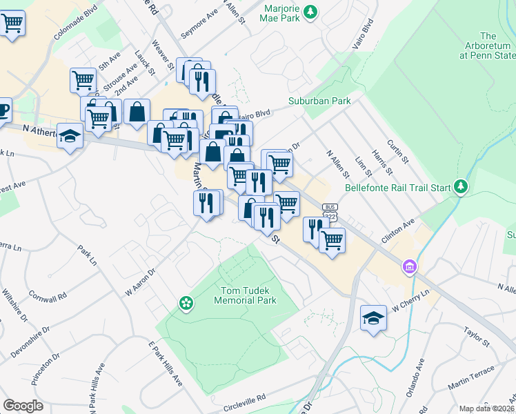 map of restaurants, bars, coffee shops, grocery stores, and more near 310 West Aaron Drive in State College